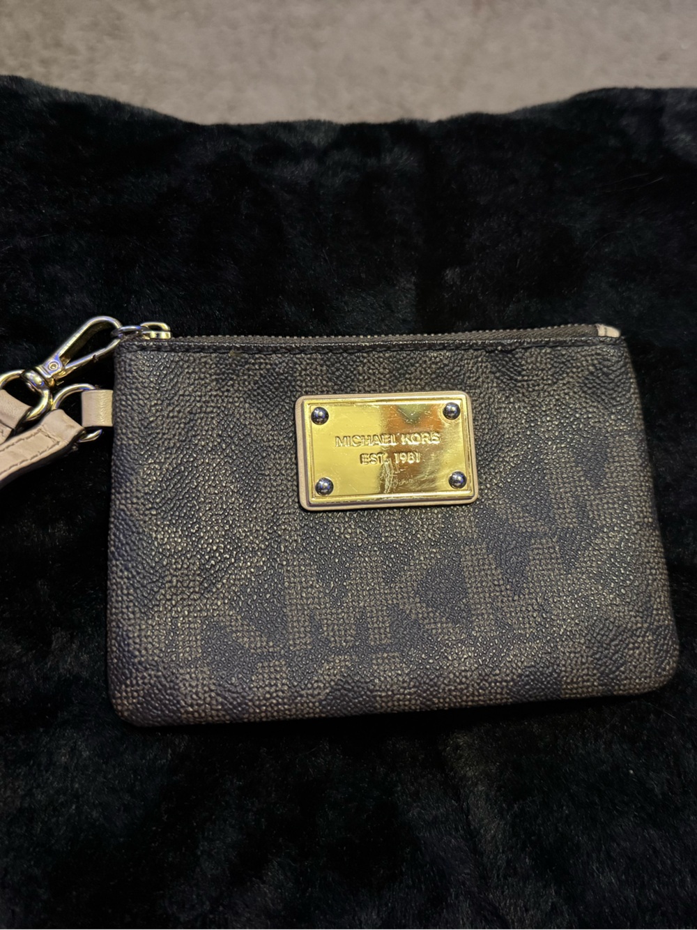 Michael Kors Brown Signature MK Wristlet with Light Tan Strap